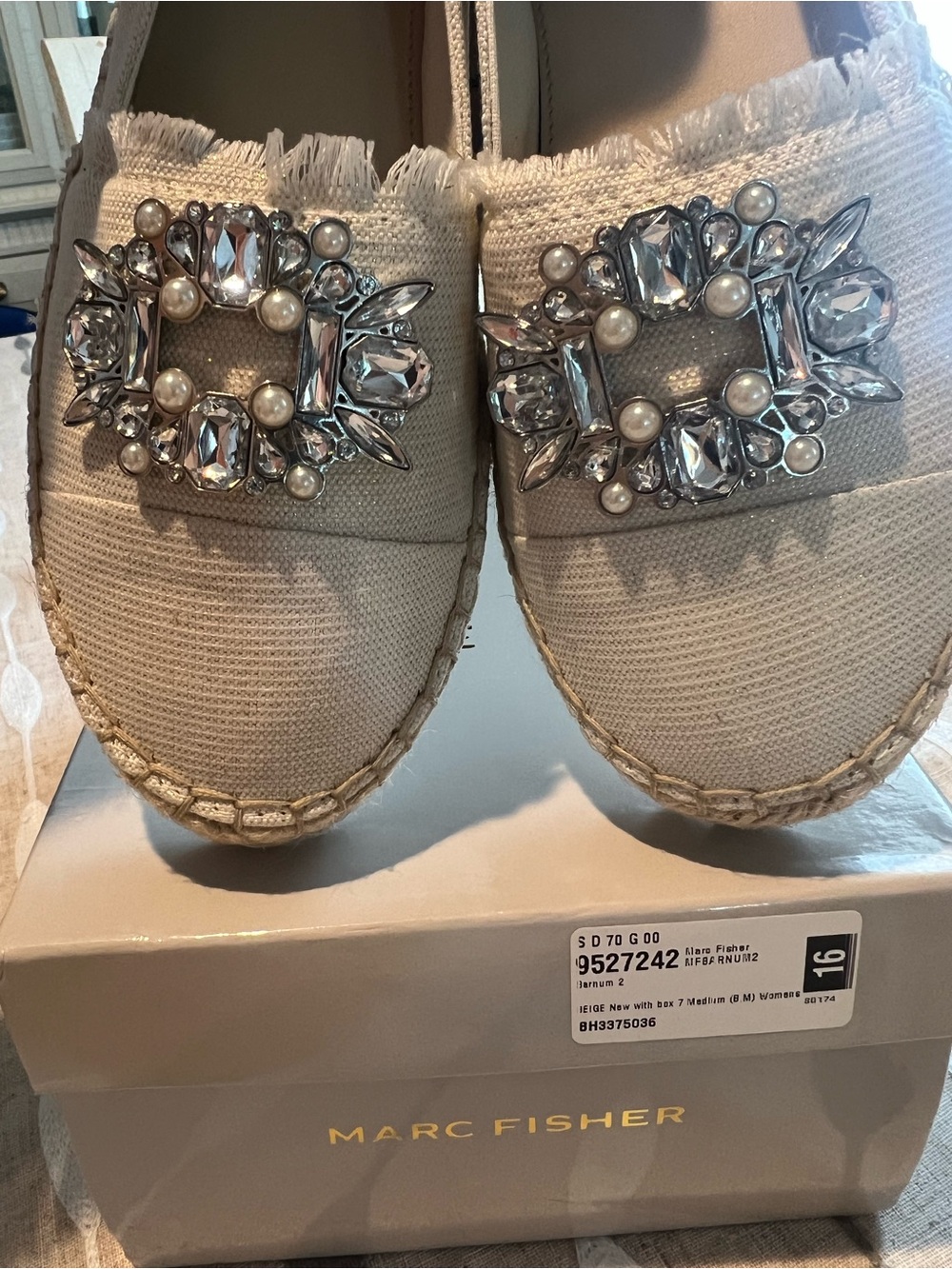 3 Day Sale! Marc Fisher Cream Canvas Espadrille Flats with Jeweled Accent